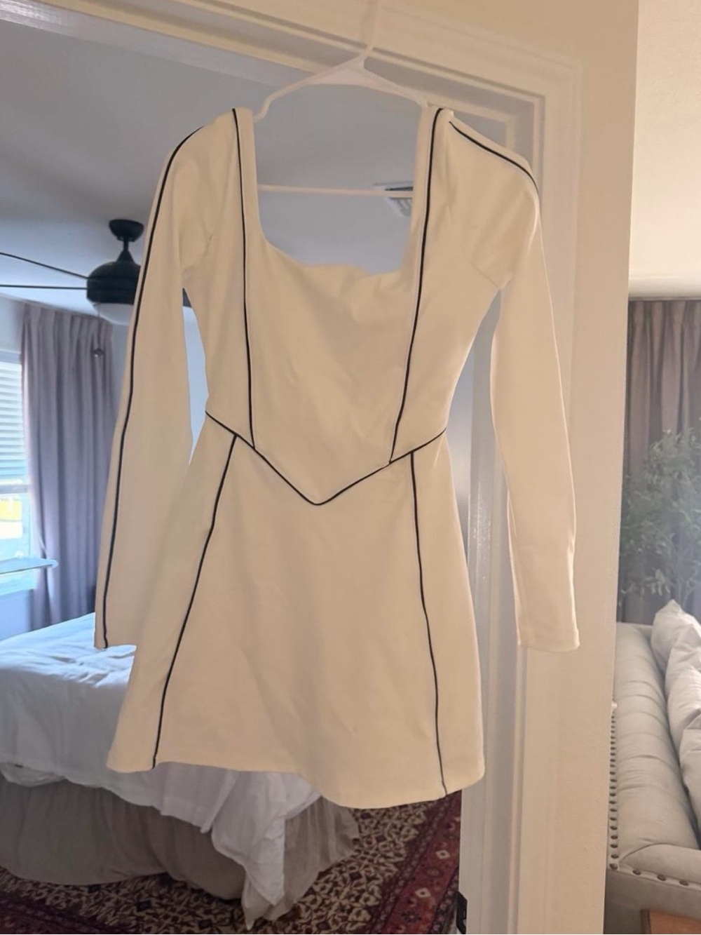 White Long-Sleeve Mini Dress with Black Piping